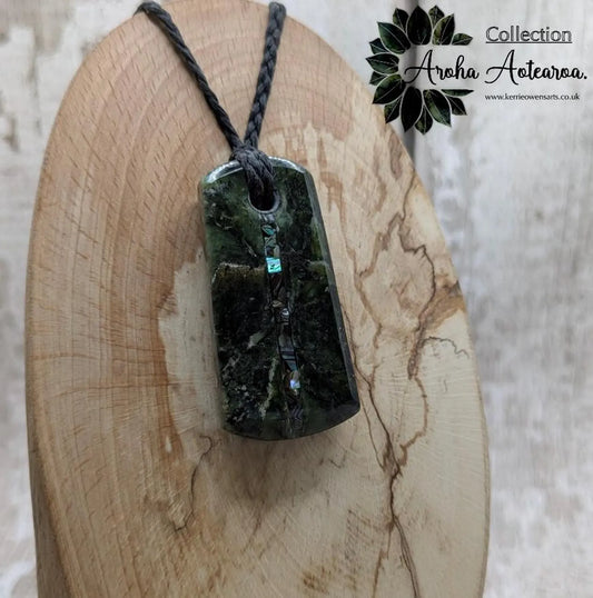Haast pass serpentine pendant with Pāua shell- handcrafted New Zealand Aotearoa pounamu greenstone carved pendant.