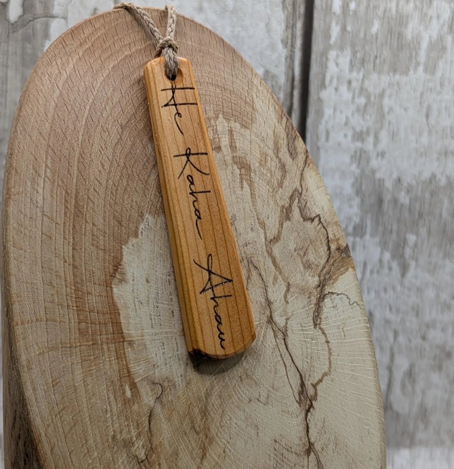 Yew wood roimata drop pendant with te reo māori “He kaha ahau”, I am strong affirmation.