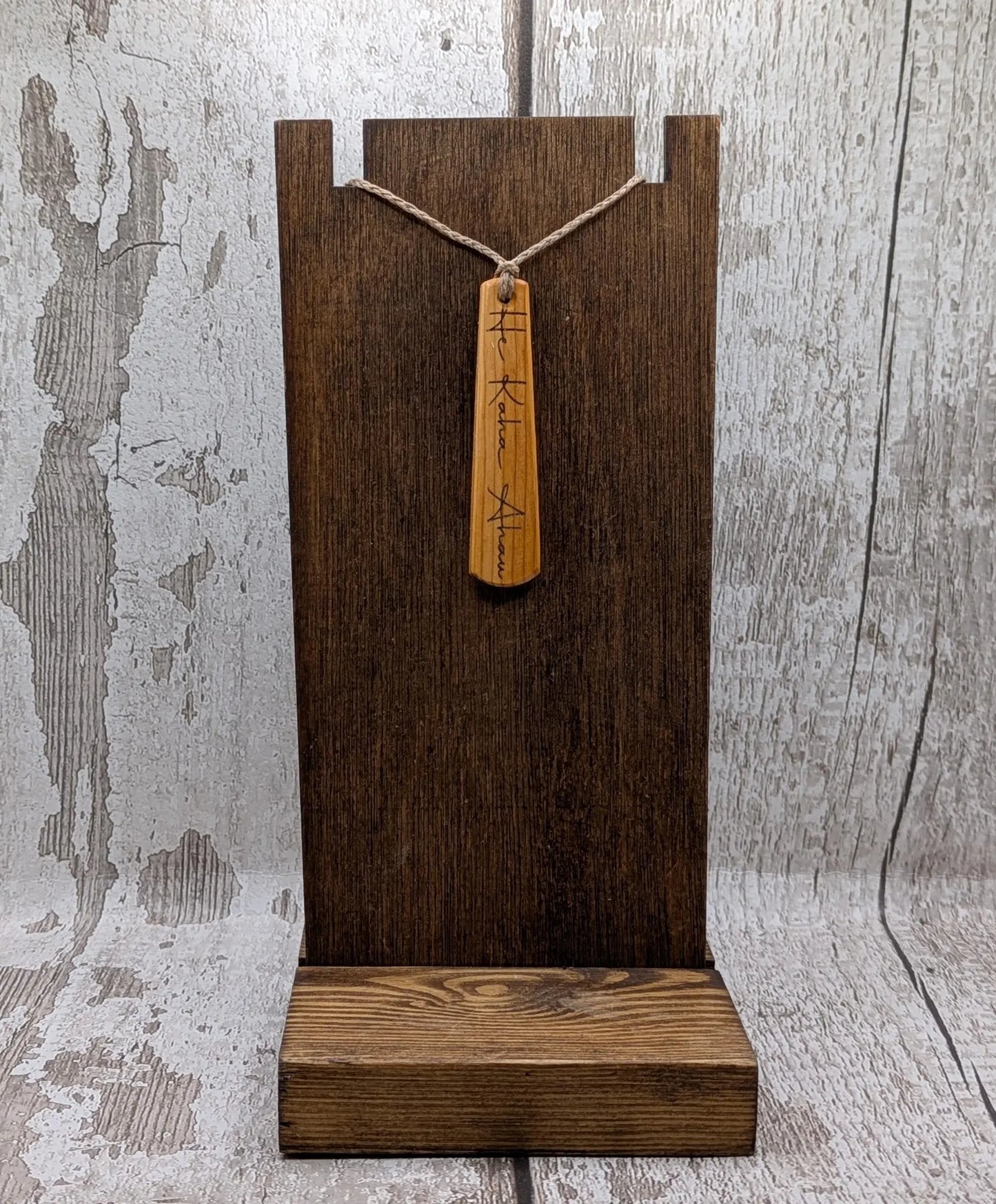 Yew wood roimata drop pendant with te reo māori “He kaha ahau”, I am strong affirmation.