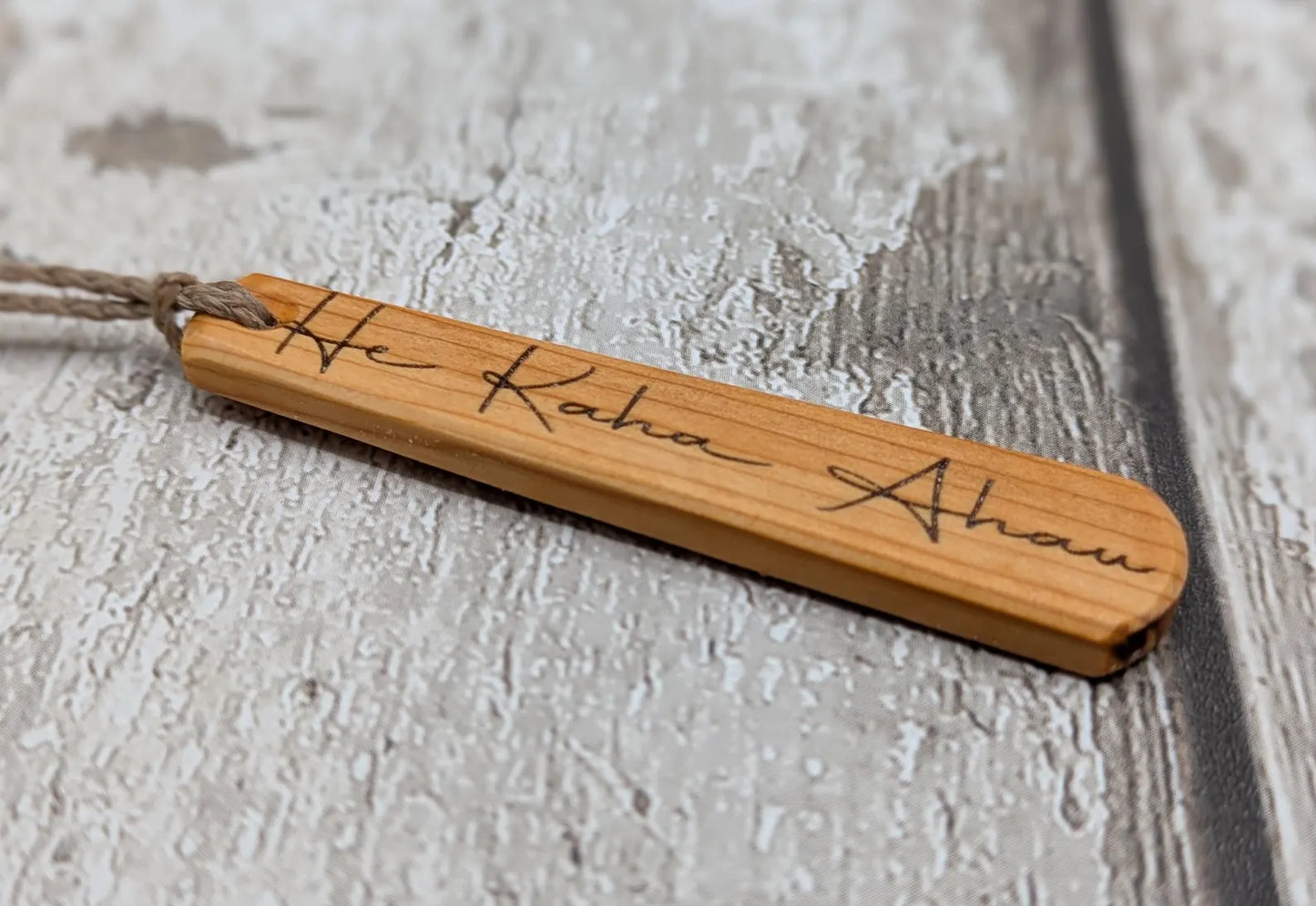Yew wood roimata drop pendant with te reo māori “He kaha ahau”, I am strong affirmation.