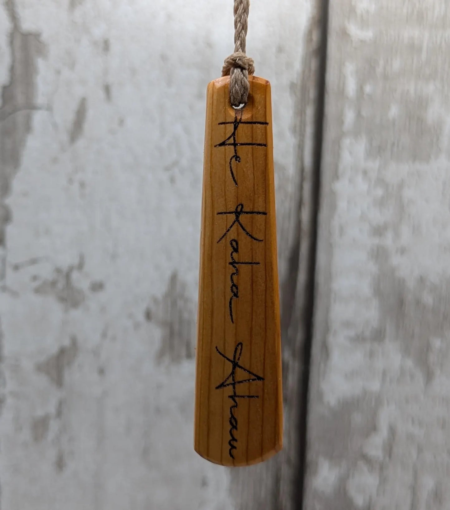 Yew wood roimata drop pendant with te reo māori “He kaha ahau”, I am strong affirmation.