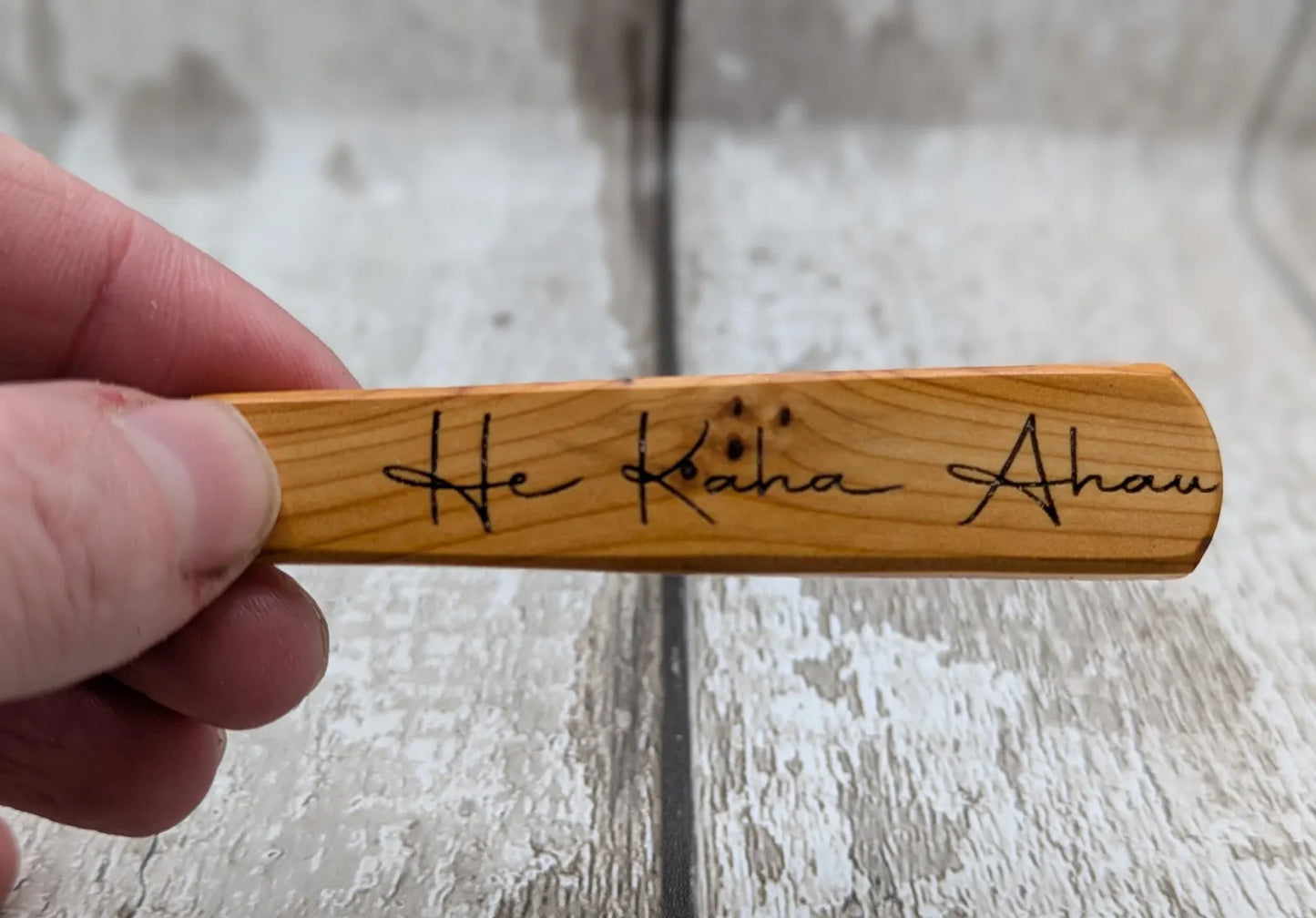 Yew wood roimata pendant with te reo māori He kaha ahau, I am strong.