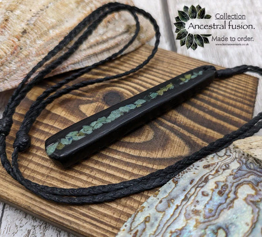 Made to order Fenland bog oak roimata pendant with NZ pounamu Greenstone.