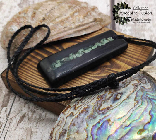 Made to Order Fenland Bog Oak Hei Toki Pendant with NZ Pounamu greenstone inlay – Māori Inspired Adze, Ancient British Wood Jewellery.