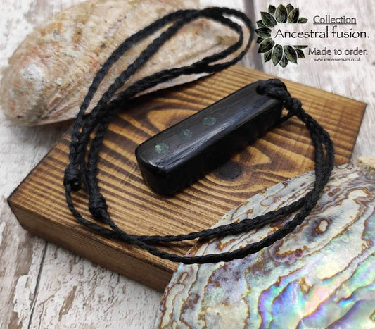 Bog oak with nz Pounamu serpentine, roimata pendant.