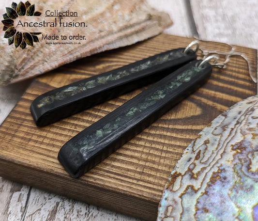 Made to order Fenland bog oak toki earrings with new Zealand pounamu greenstone inlay.