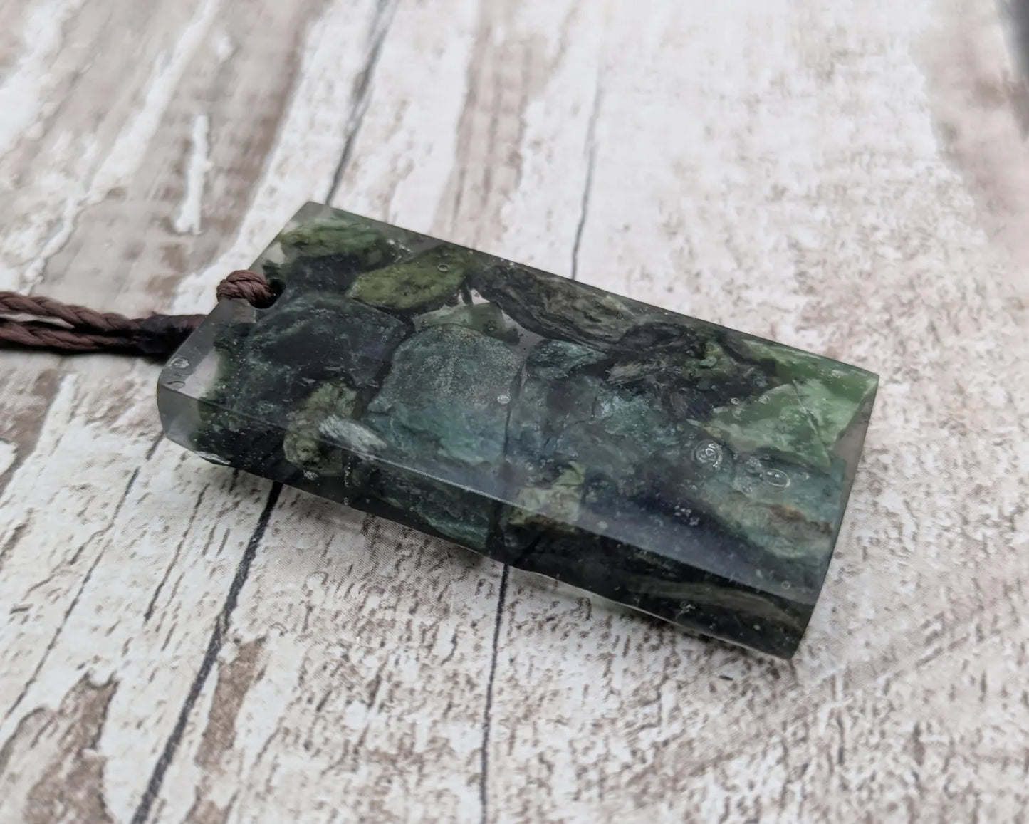 Mixed Pounamu Jade Chip Pendant – New Zealand Greenstone in Resin, Māori Inspired Necklace.