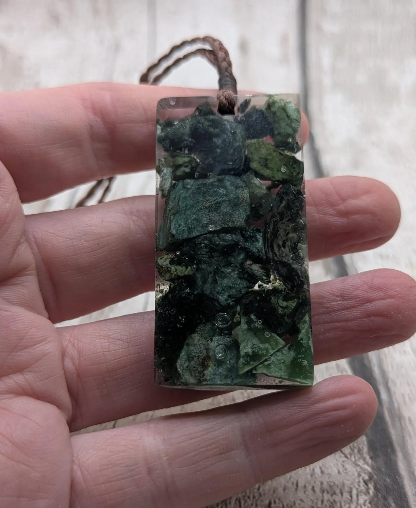 Mixed Pounamu Jade Chip Pendant – New Zealand Greenstone in Resin, Māori Inspired Necklace.