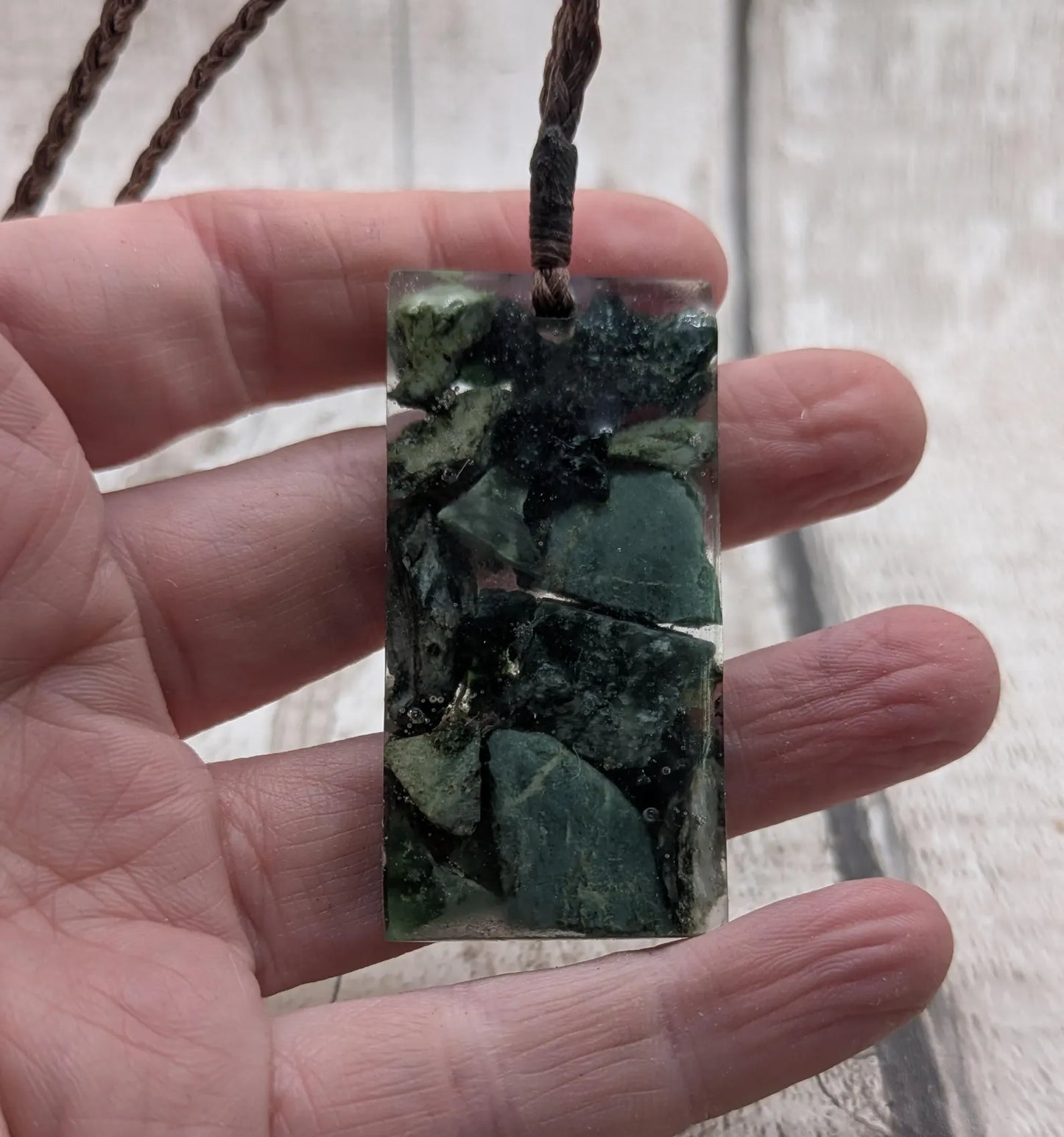 Mixed Pounamu Jade Chip Pendant – New Zealand Greenstone in Resin, Māori Inspired Necklace.