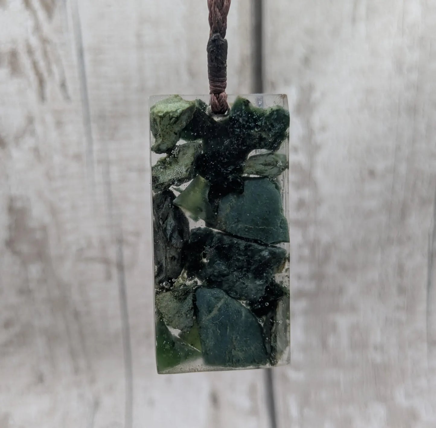 Mixed Pounamu Jade Chip Pendant – New Zealand Greenstone in Resin, Māori Inspired Necklace.