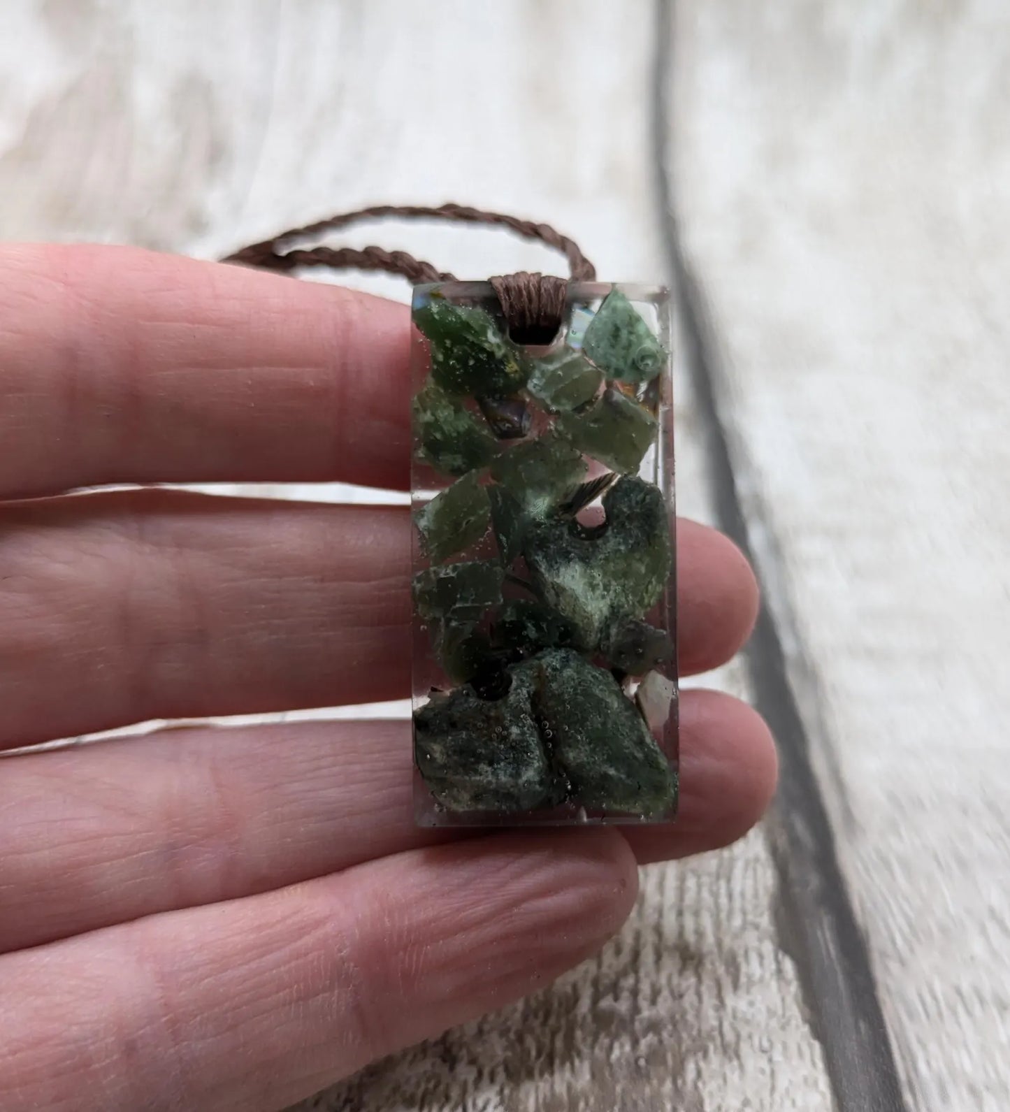 Mixed Pounamu Jade Chip Pendant – New Zealand Greenstone in Resin, Māori Inspired Necklace.