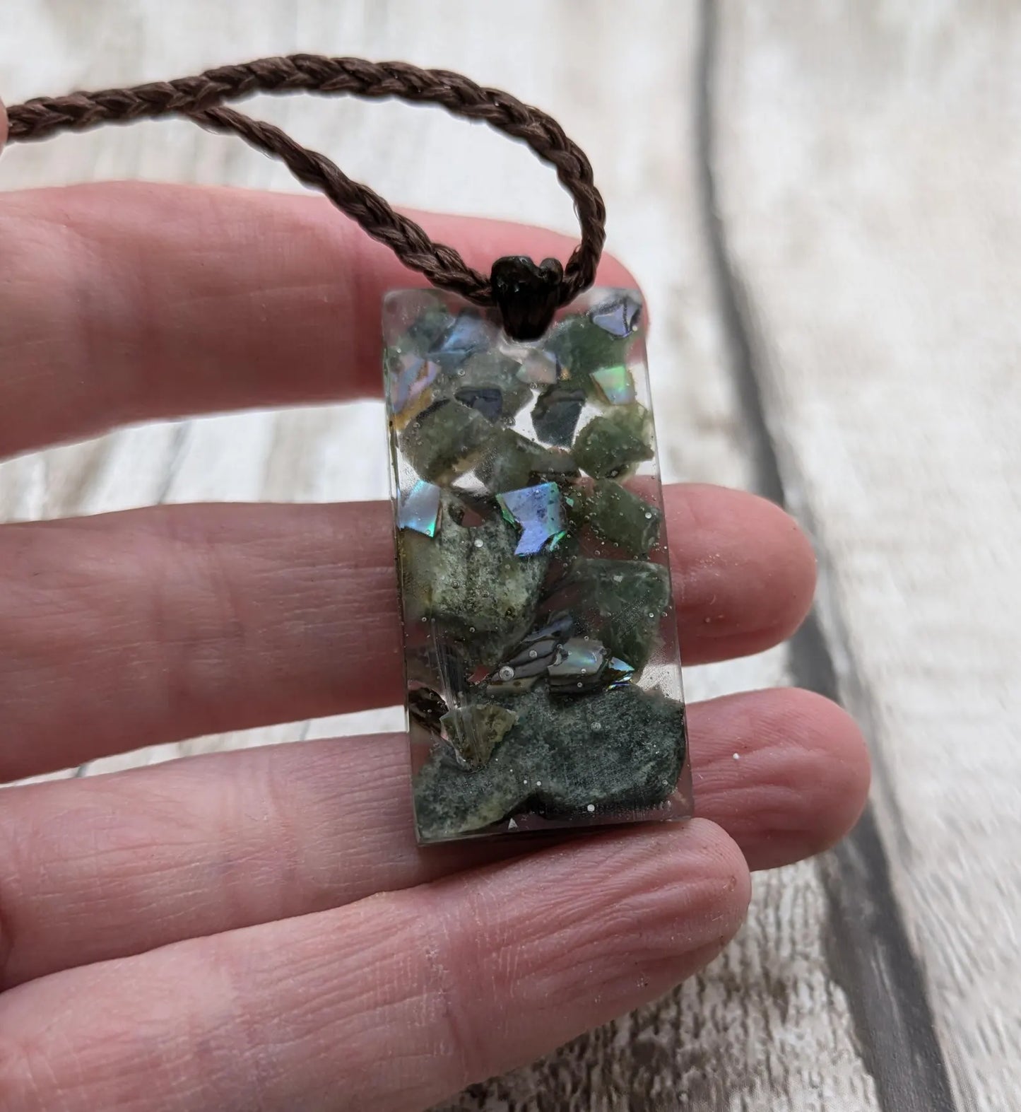 Mixed Pounamu Jade Chip Pendant – New Zealand Greenstone in Resin, Māori Inspired Necklace.