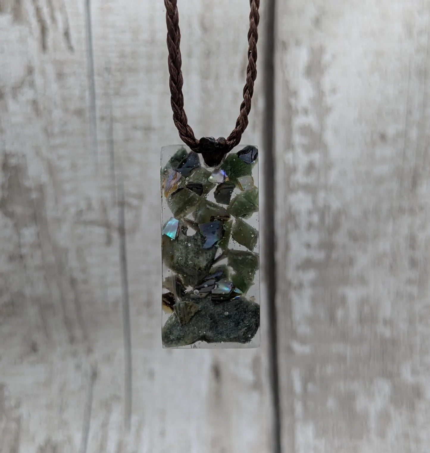 Mixed Pounamu Jade Chip Pendant – New Zealand Greenstone in Resin, Māori Inspired Necklace.