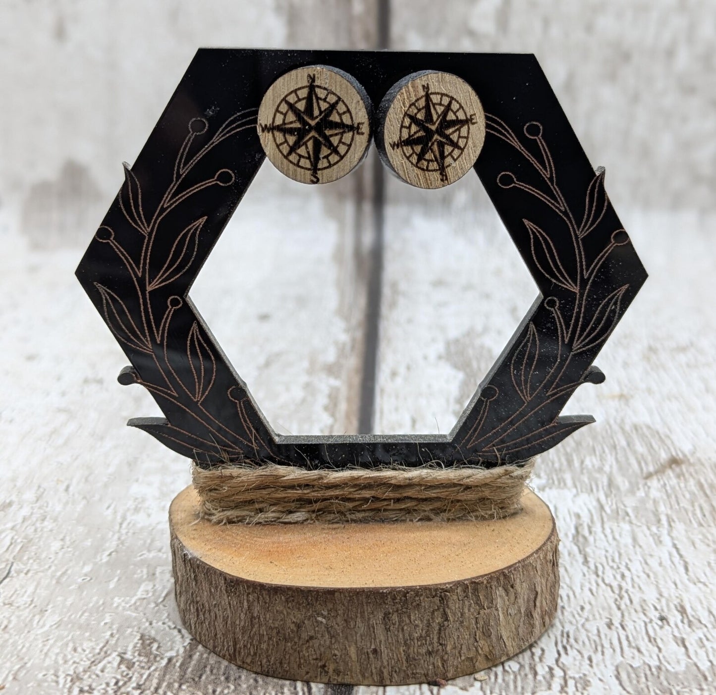 Sweet chestnut compass stud earrings with stainless steel findings.