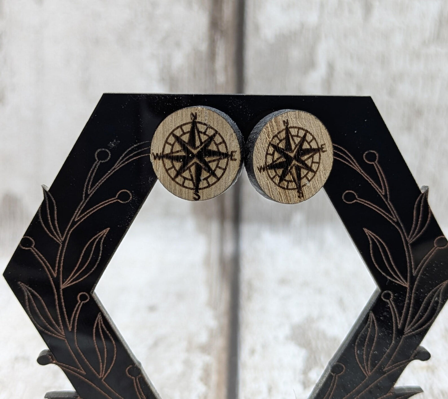 Sweet chestnut compass stud earrings with stainless steel findings.