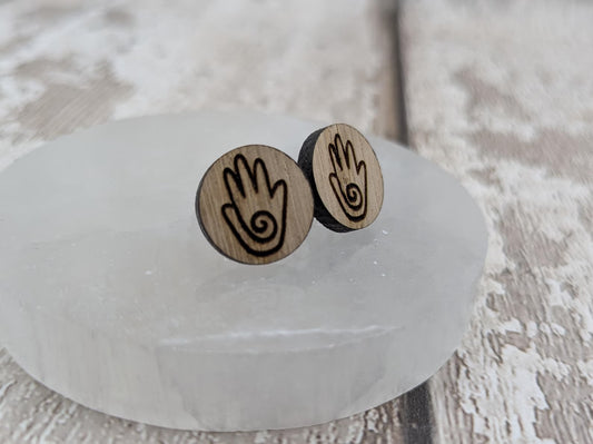 Sweet chesnut healing hands stud earrings with stainless steel findings.