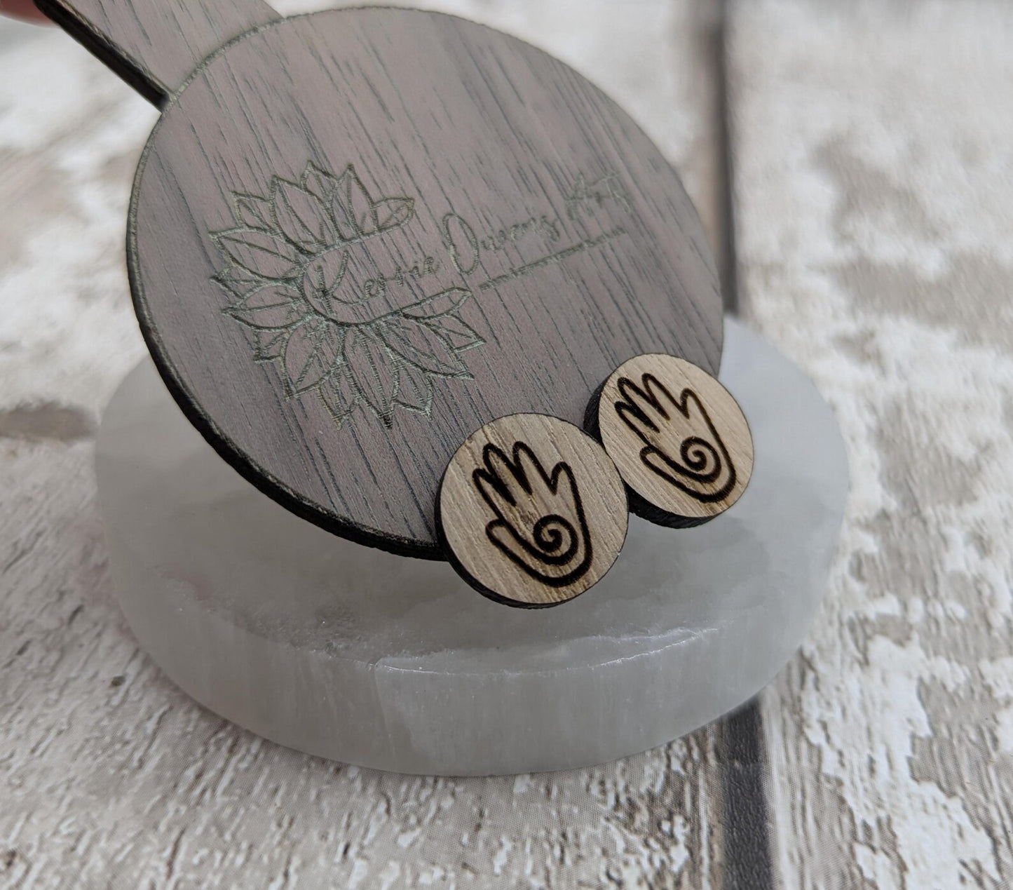 Sweet chesnut healing hands stud earrings with stainless steel findings.
