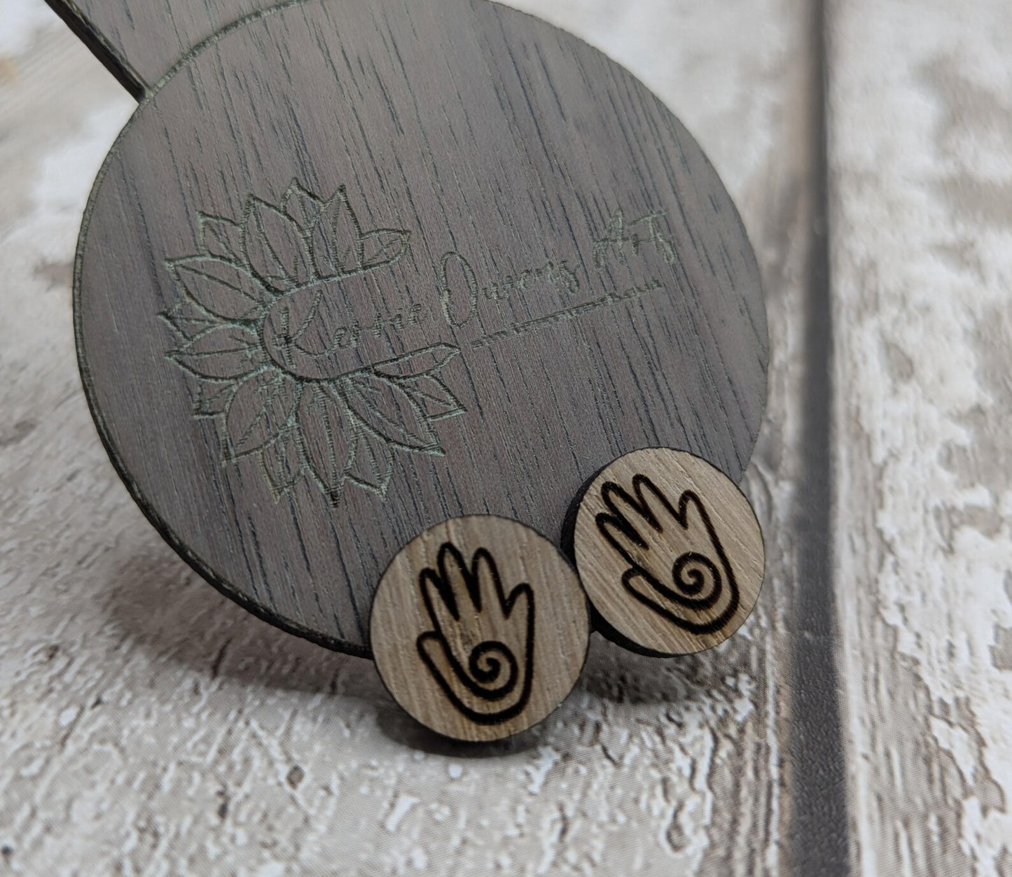 Sweet chesnut healing hands stud earrings with stainless steel findings.