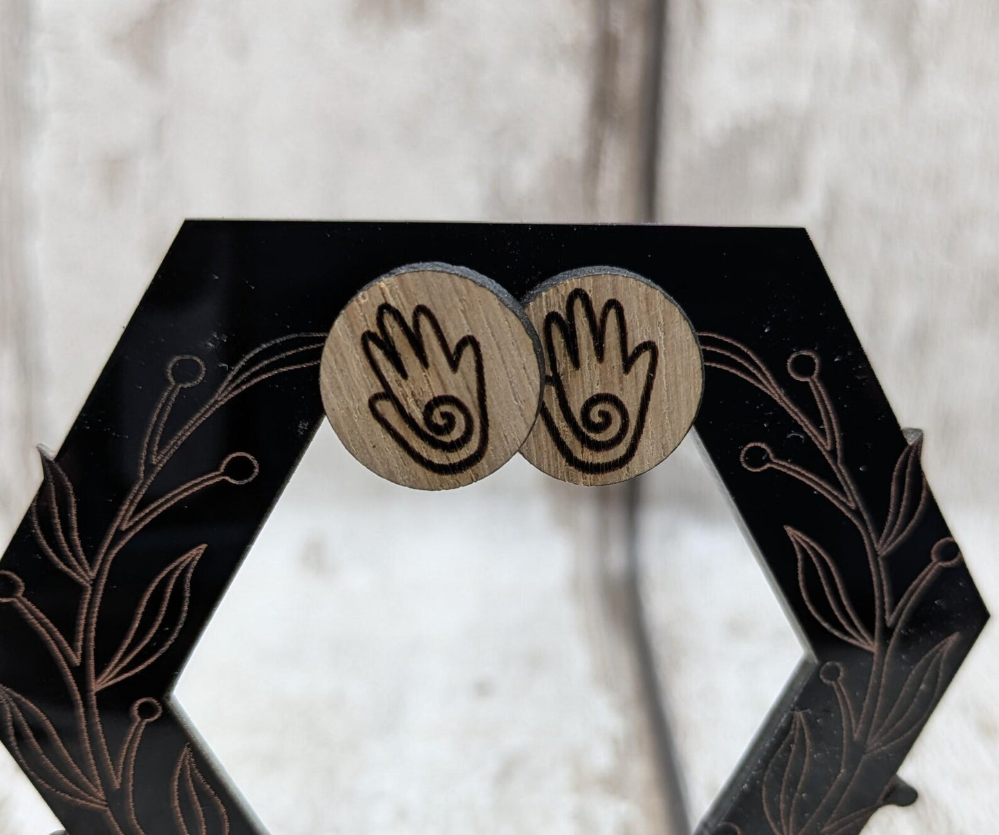 Sweet chesnut healing hands stud earrings with stainless steel findings.
