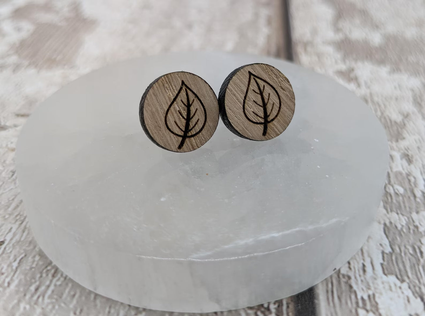 Sweet chestnut leaf studs with stainless steel findings.
