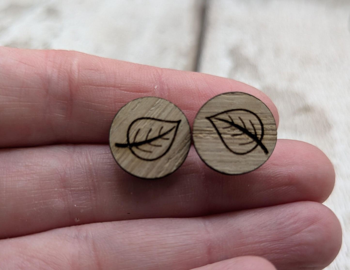 Sweet chestnut leaf studs with stainless steel findings.