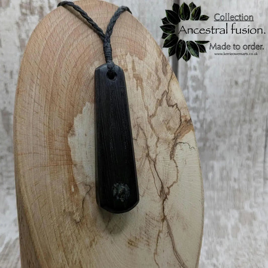 Fenland bog oak with NZ Aotea inlay pendant -Ancient British Wood, Māori Inspired Teardrop Necklace, Nature Jewellery.