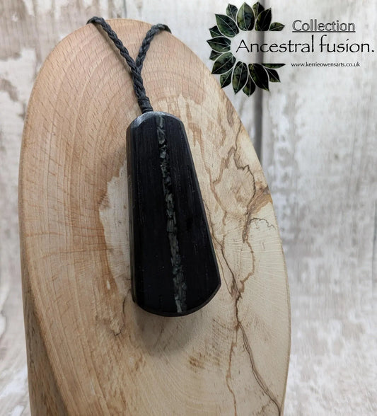 Ancient Bog Oak Roimata Pendant with NZ Aotea Stone Inlay - Healing necklace, spiritual pendant, fenland wood jewellery.