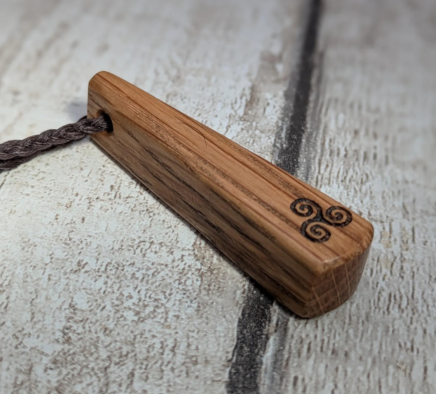 Whiskey Barrel Oak Teardrop laser printed triskele pendant.