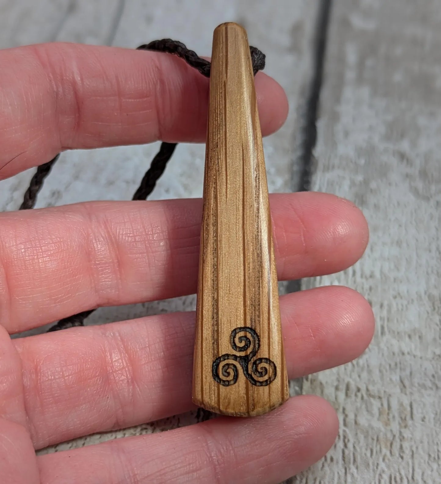 Whiskey Barrel Oak Teardrop laser printed triskele pendant.