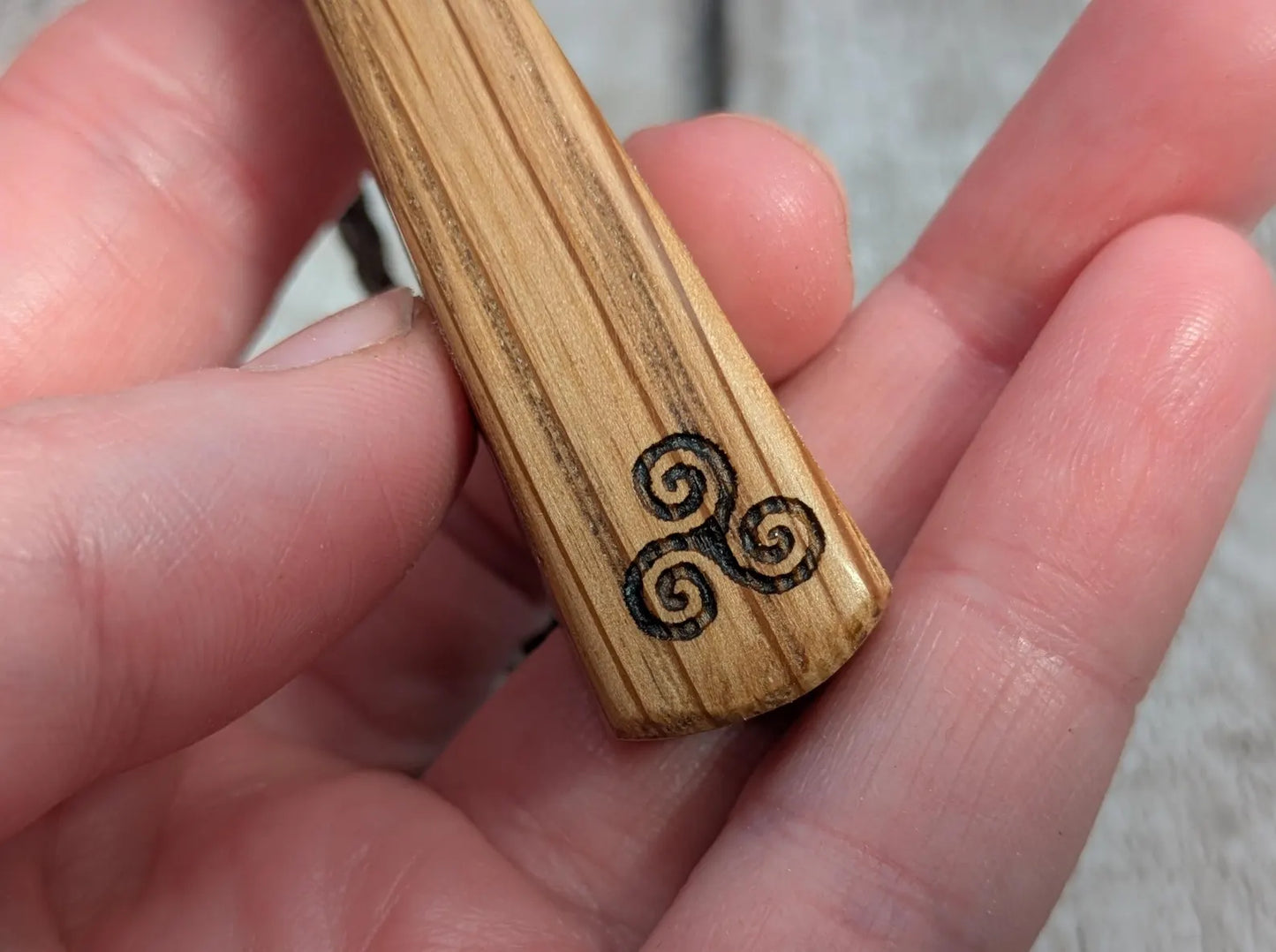 Whiskey Barrel Oak Teardrop laser printed triskele pendant.