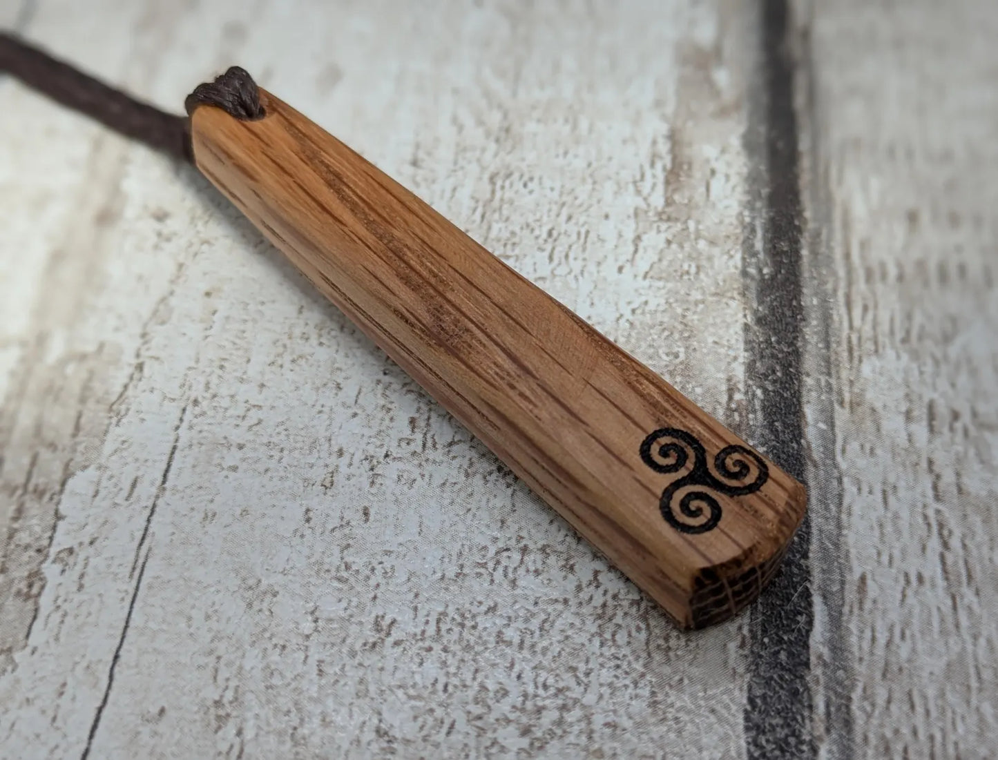 Whiskey Barrel Oak Teardrop pendant with laser printed triskele.