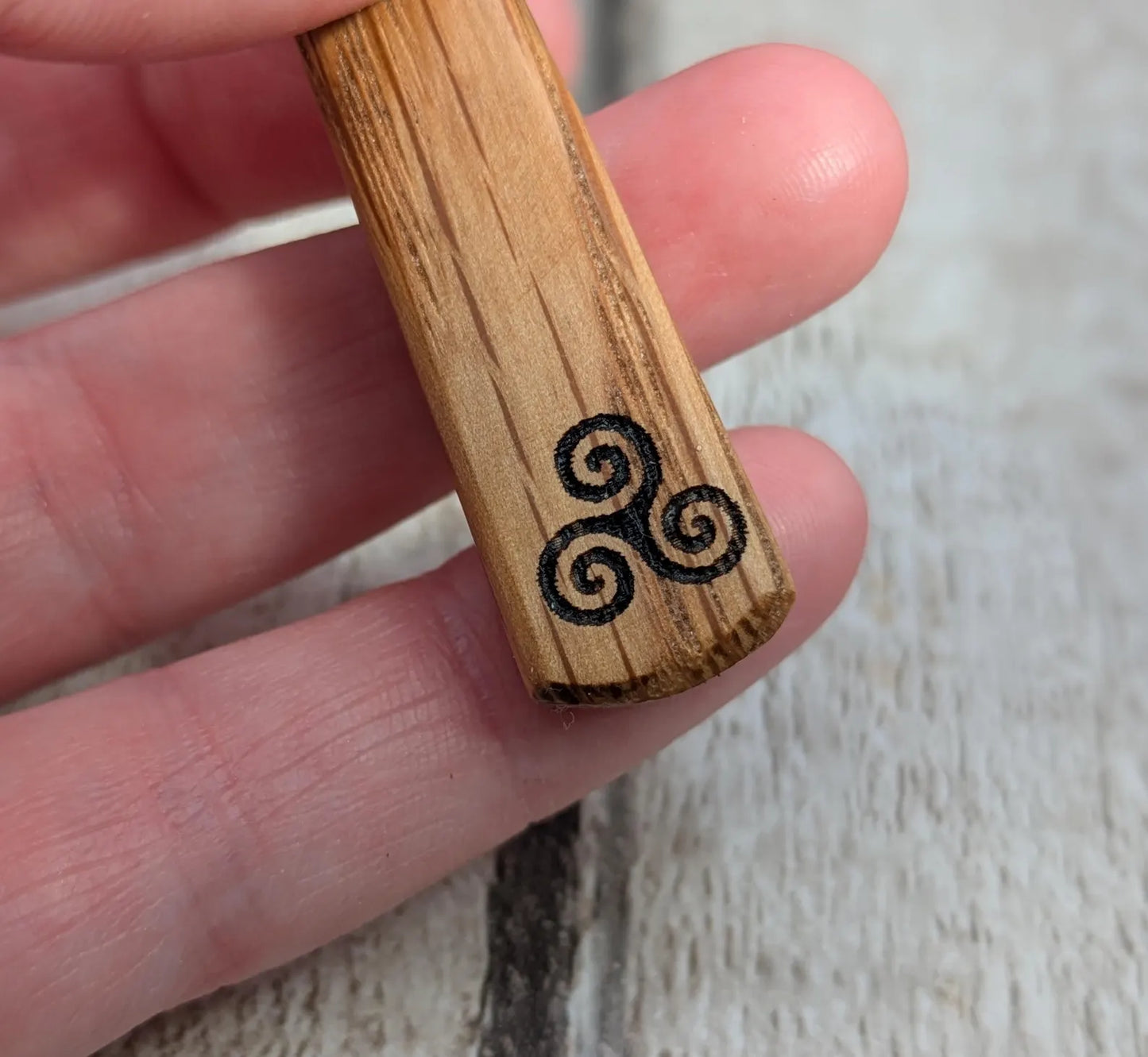 Whiskey Barrel Oak Teardrop pendant with laser printed triskele.