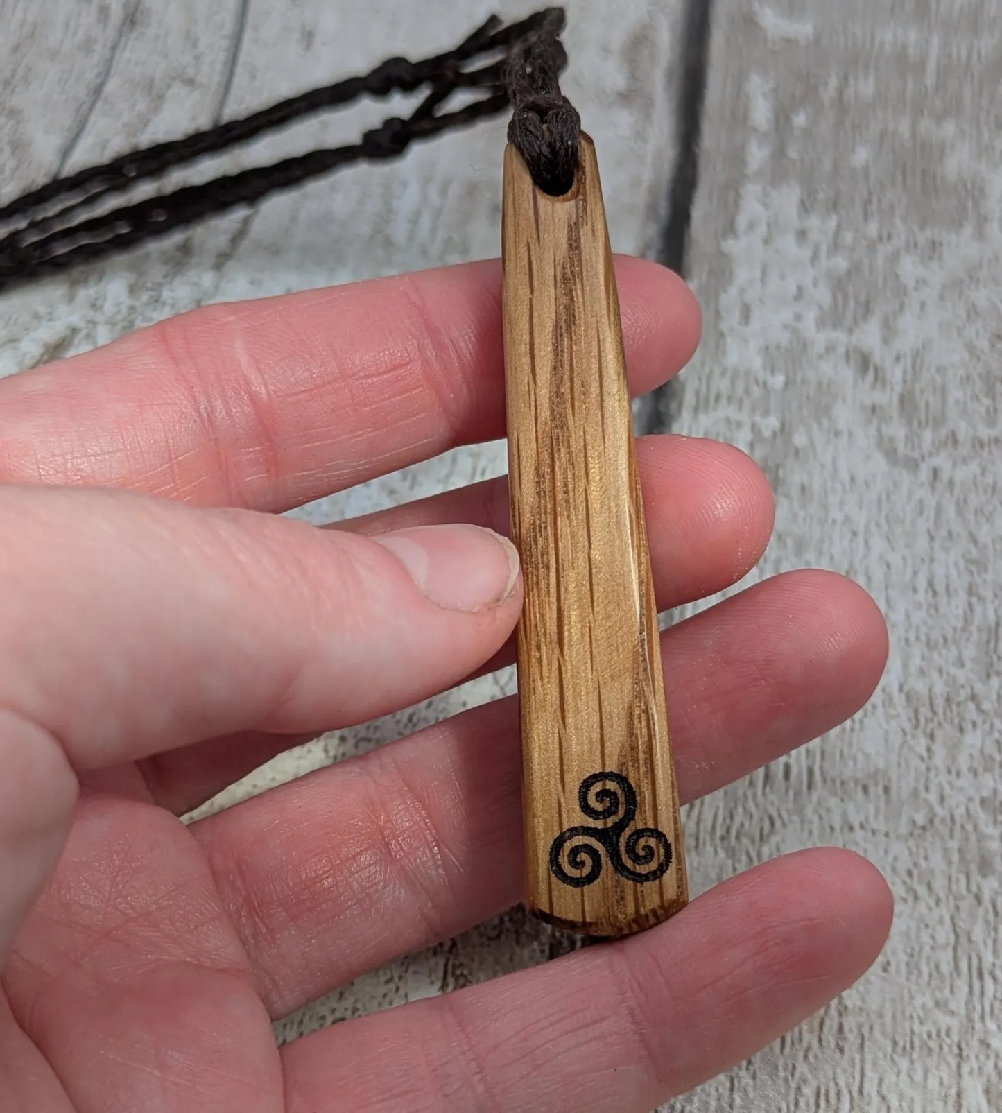 Whiskey Barrel Oak Teardrop pendant with laser printed triskele.