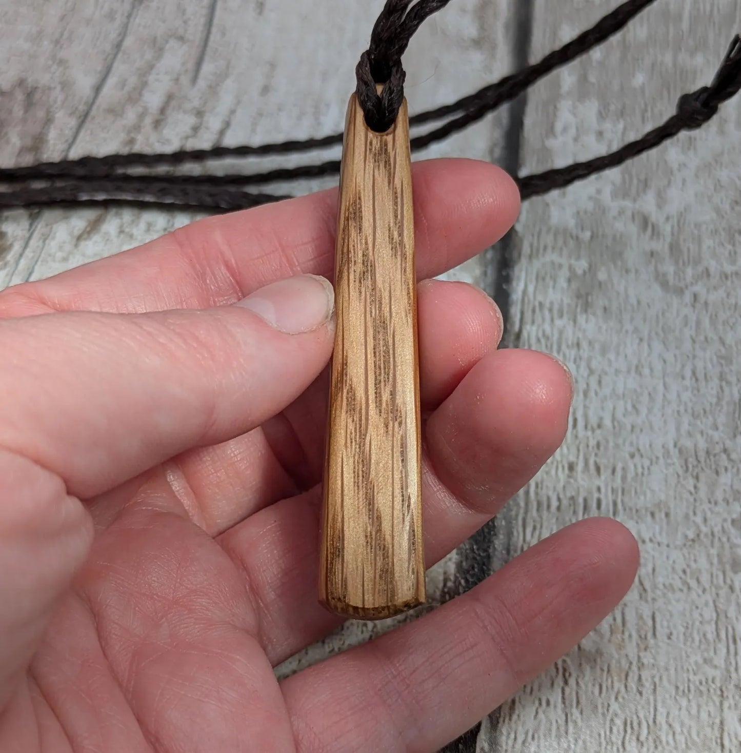 Whiskey Barrel Oak Teardrop pendant with laser printed triskele.