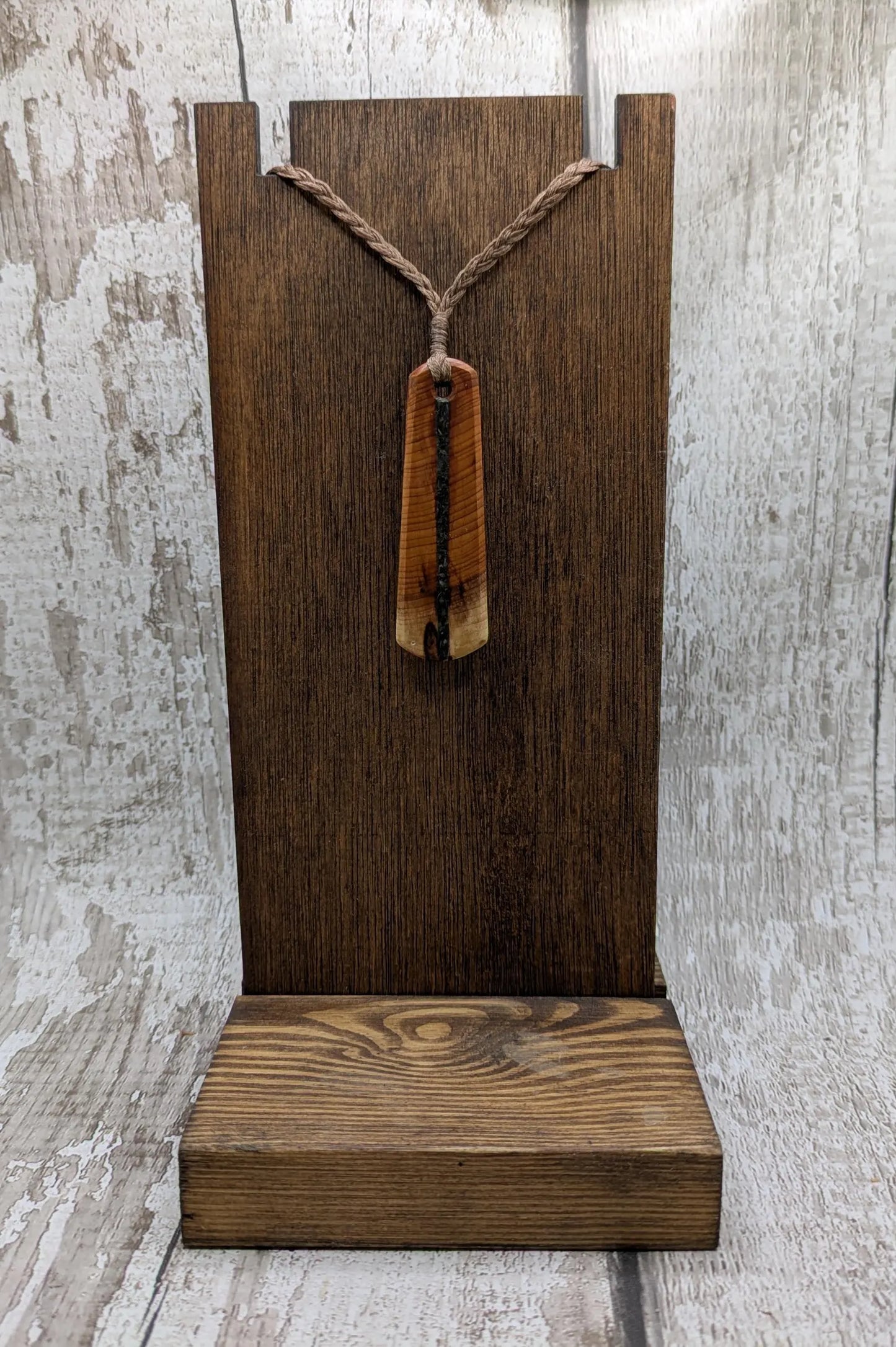 Yew wood roimata drop pendant with Aotea inlay.