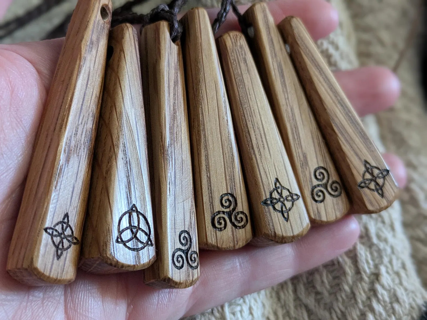 Whiskey Barrel Oak Teardrop laser printed triskele pendant.