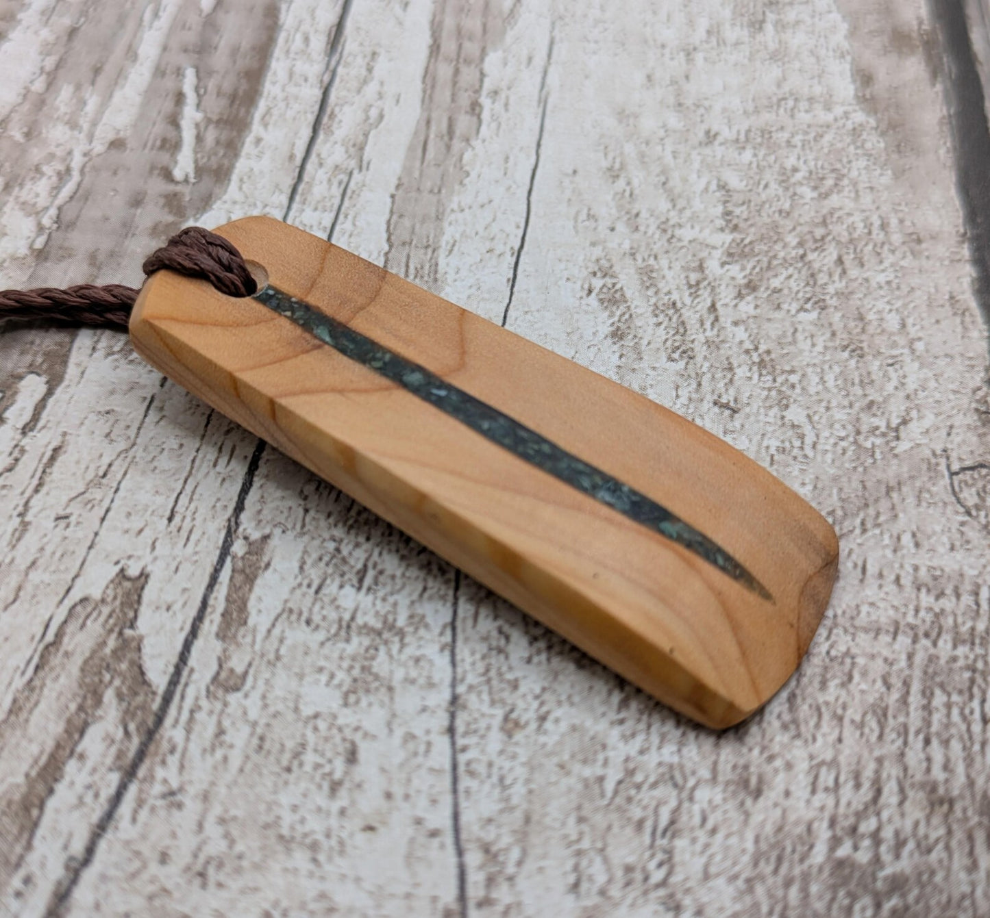 Made to order yew wood hei Toki adze pendant with mixed pounamu inlay - Handcrafted British jewellery, Māori inspired, nature talisman.