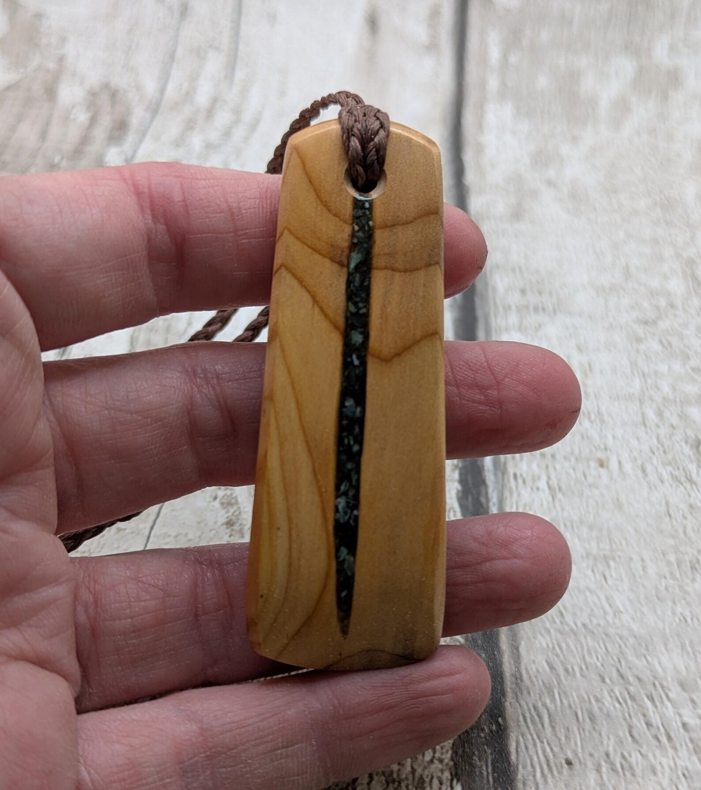 Made to order yew wood hei Toki adze pendant with mixed pounamu inlay - Handcrafted British jewellery, Māori inspired, nature talisman.