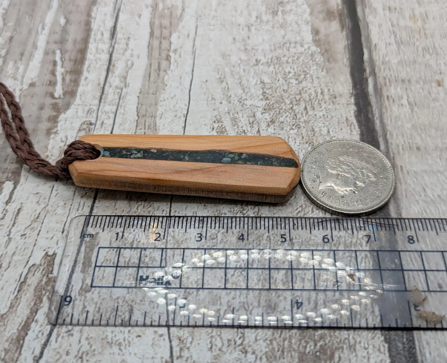 Made to order Yew wood toki style pendant with mixed pounamu greenstone inlay - Handcrafted British jewellery, Māori inspired nature talisman.