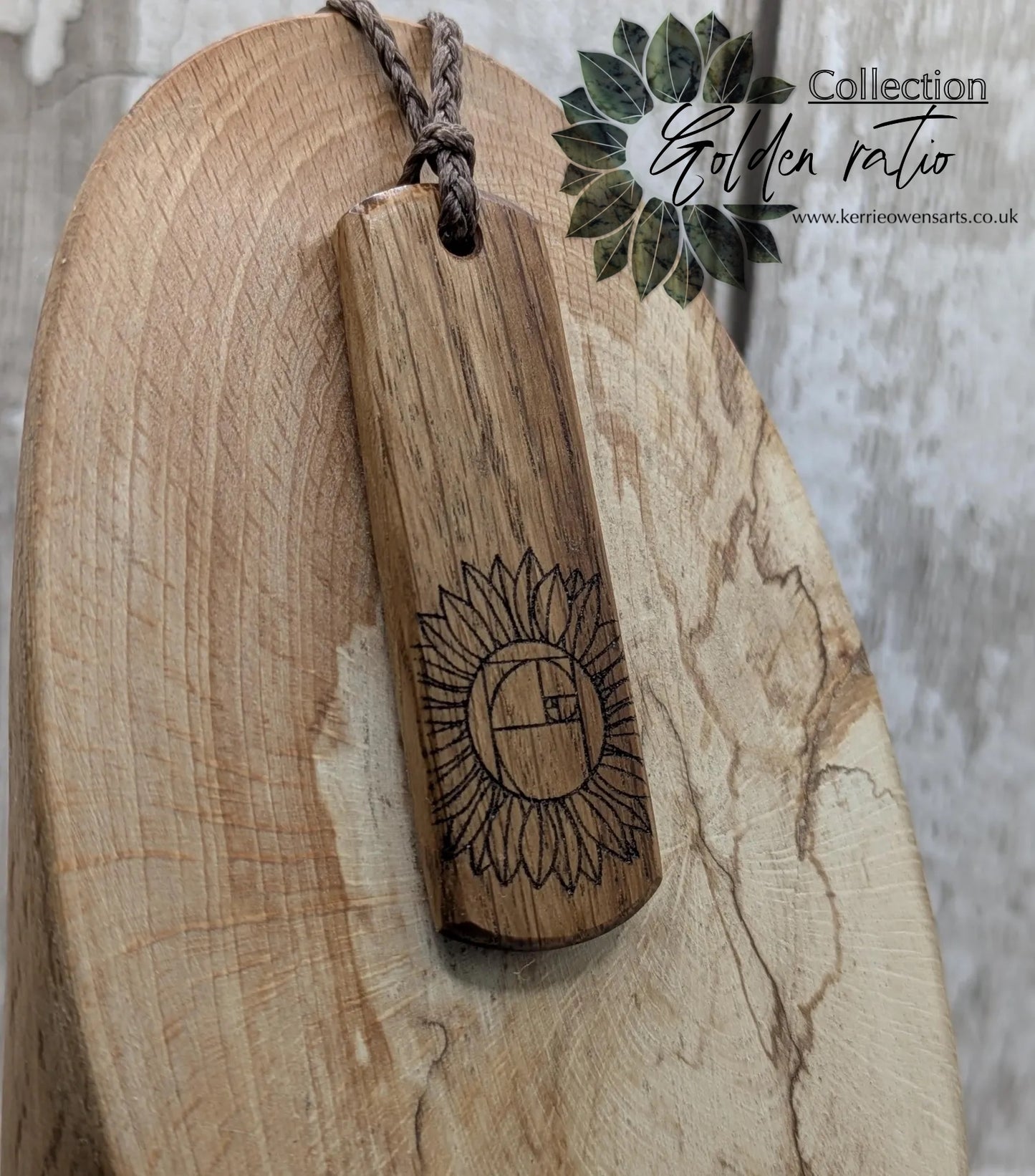 Oak wood pendant with sunflower laser print.