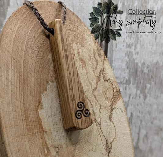 Whiskey Barrel Oak Teardrop laser printed triskele pendant.