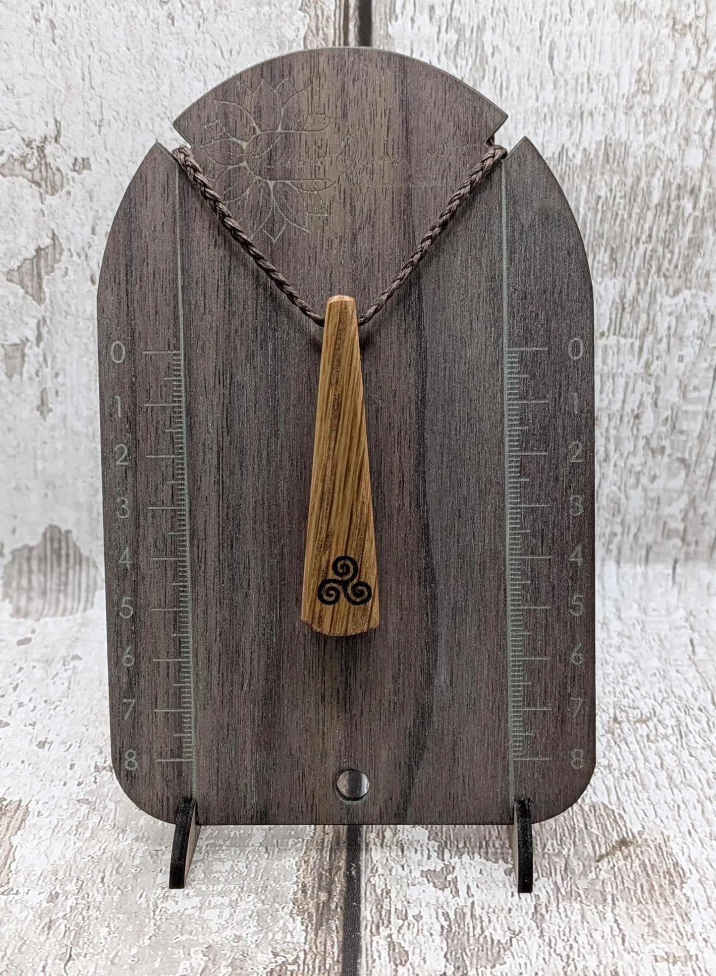 Whiskey Barrel Oak Teardrop laser printed triskele pendant.
