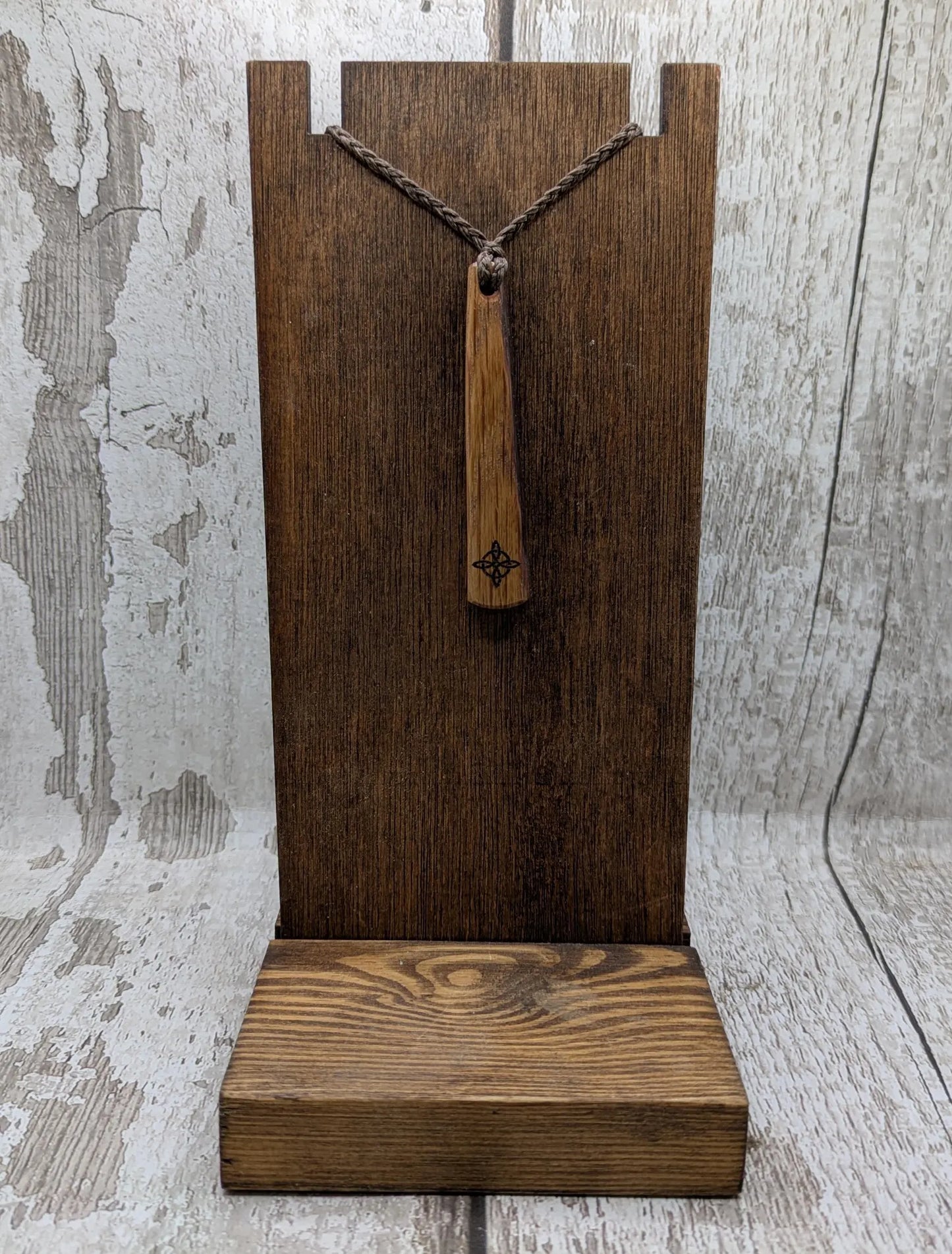 Whiskey barrel oak tear drop pendant with laser printed with rune symbol.