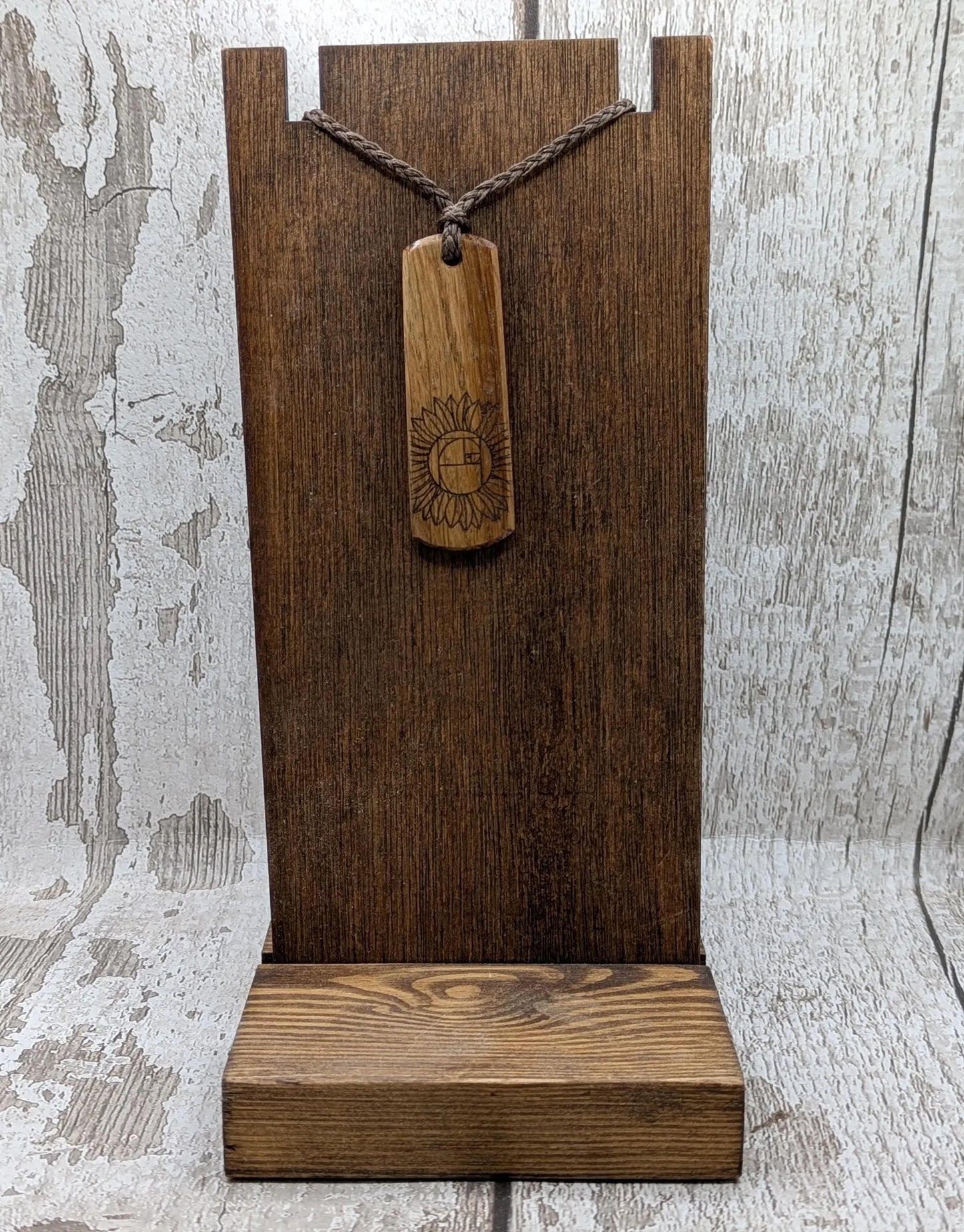 Oak wood pendant with sunflower laser print.