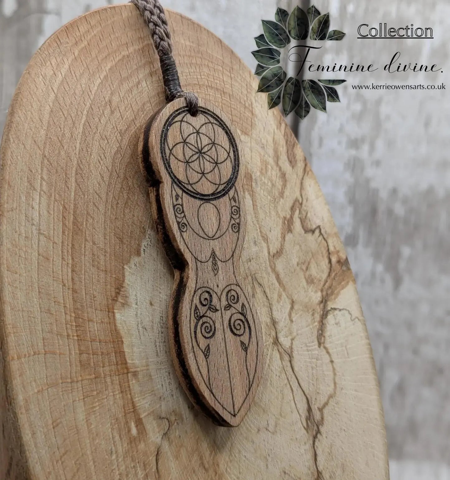 Tulip wood laser printed tattooed goddess pendant.