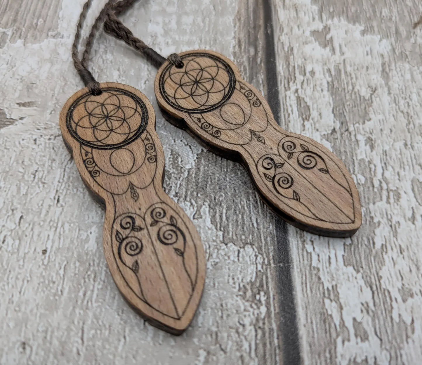 Tulip wood laser printed tattooed goddess pendant.
