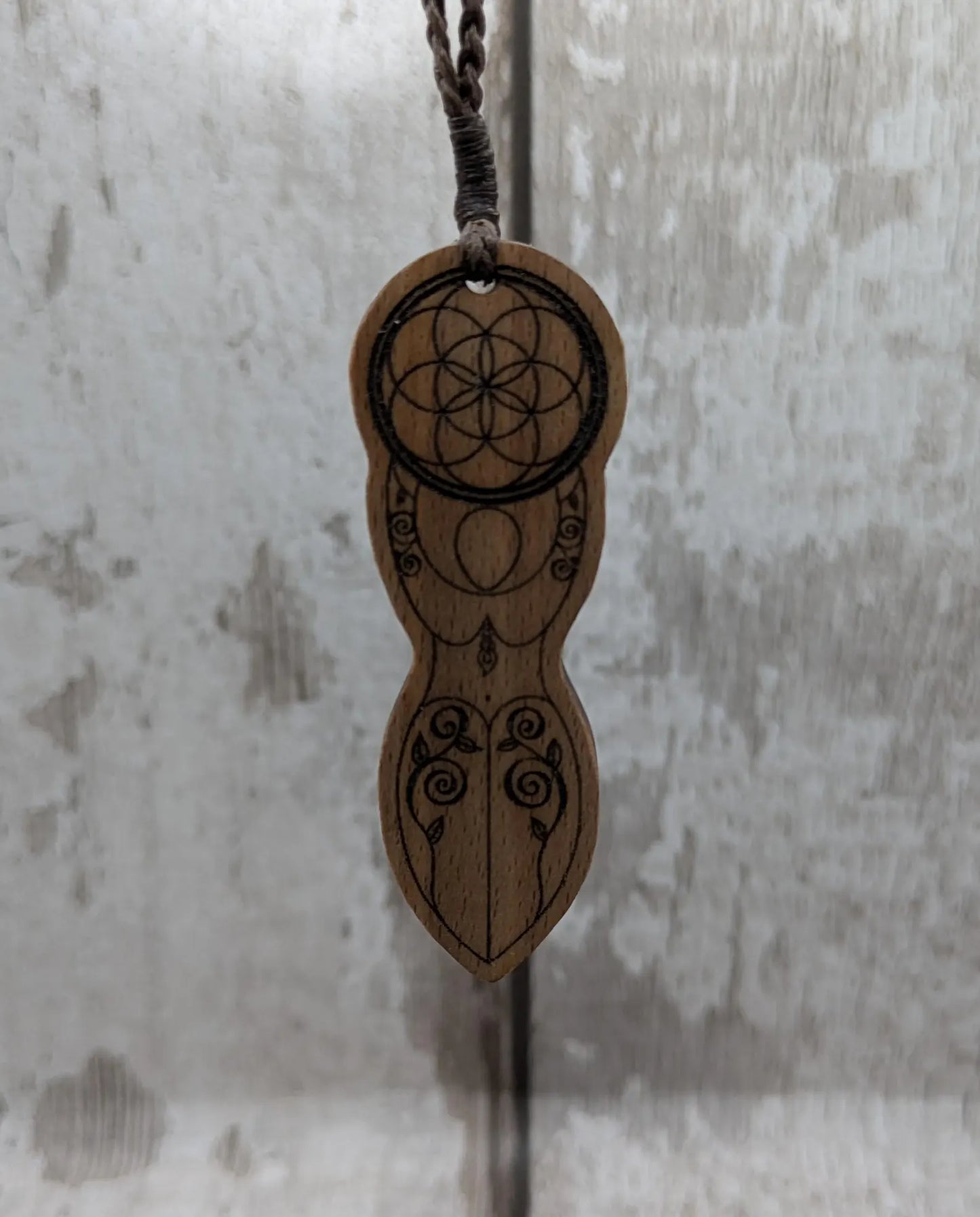 Tulip wood laser printed tattooed goddess pendant.