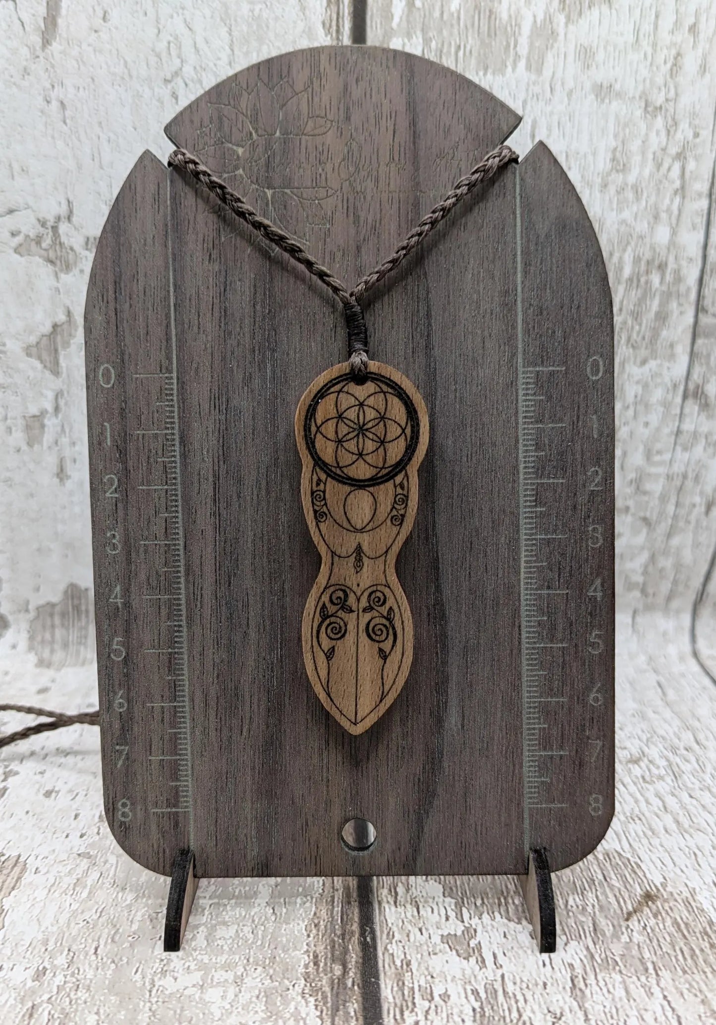 Tulip wood laser printed tattooed goddess pendant.