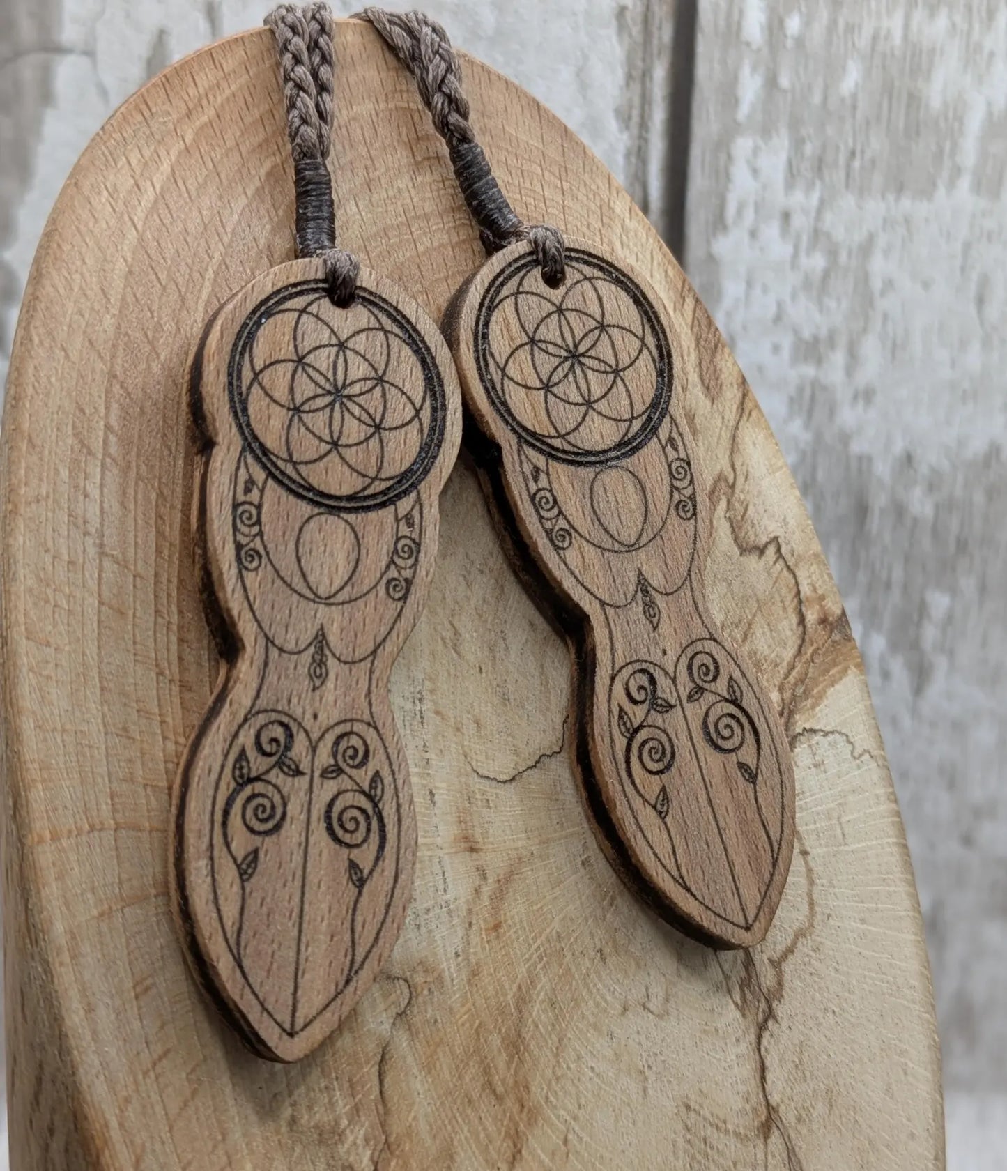 Tulip wood laser printed tattooed goddess pendant.