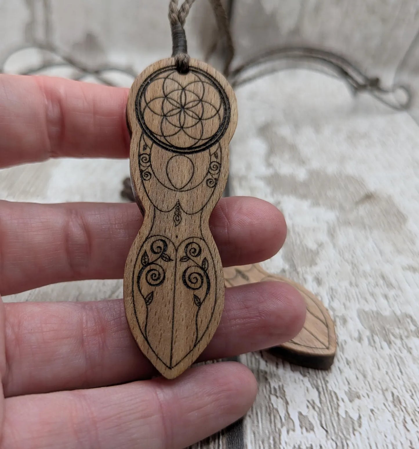 Tulip wood laser printed tattooed goddess pendant.